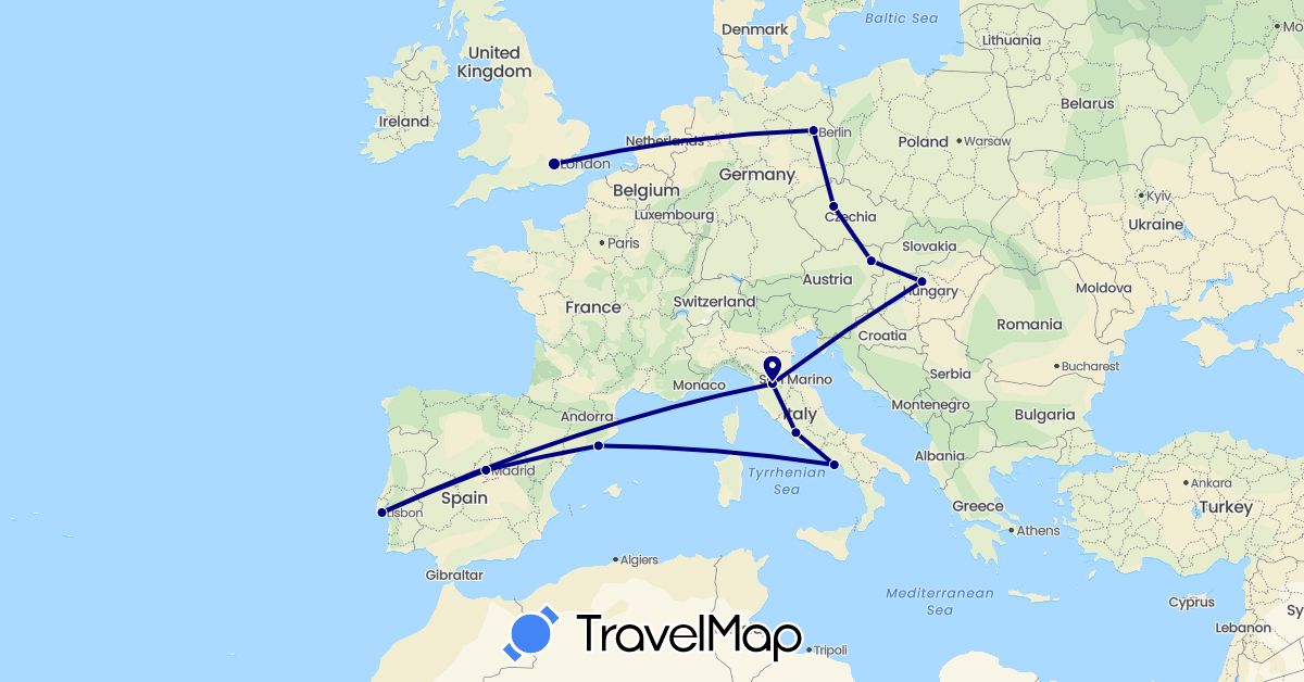 TravelMap itinerary: driving in Austria, Czech Republic, Germany, Spain, United Kingdom, Hungary, Italy, Portugal (Europe)