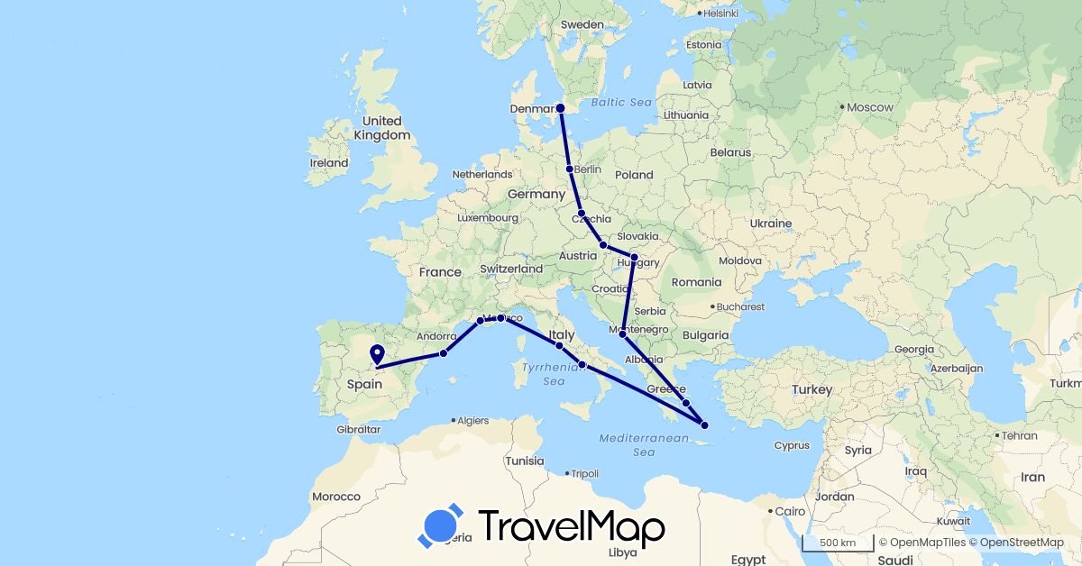 TravelMap itinerary: driving in Austria, Czech Republic, Germany, Denmark, Spain, France, Greece, Croatia, Hungary, Italy, Monaco (Europe)